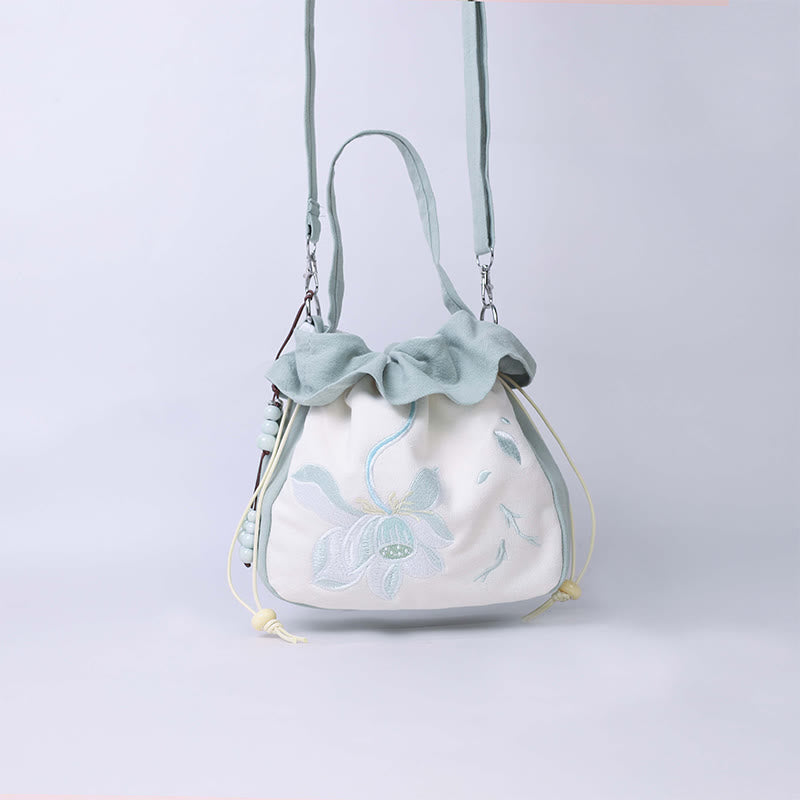 Nimara Ritual Suzhou Embroidery Lotus Epiphyllum Magnolia Cotton Linen Tote Crossbody Bag Shoulder Bag Handbag