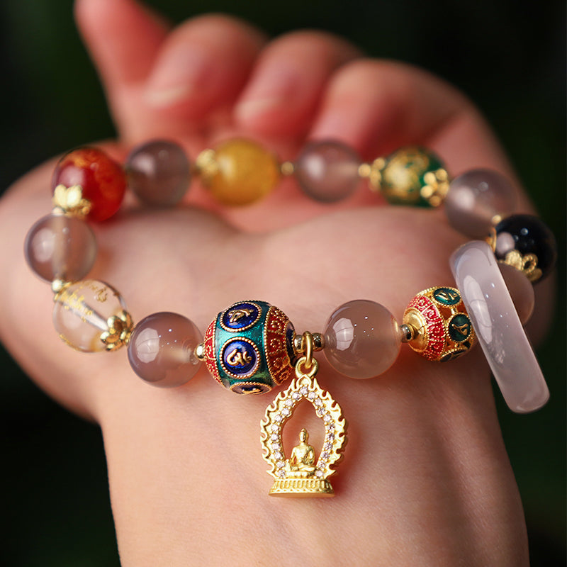 Nimara Ritual Natural Gray Agate Five Directions Gods of Wealth Om Mani Padme Hum Buddha Charm Bracelet