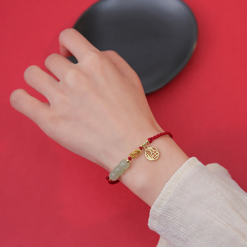 Nimara Ritual Handcrafted Jade Bead Fu Character Charm Luck Red Rope Bracelet