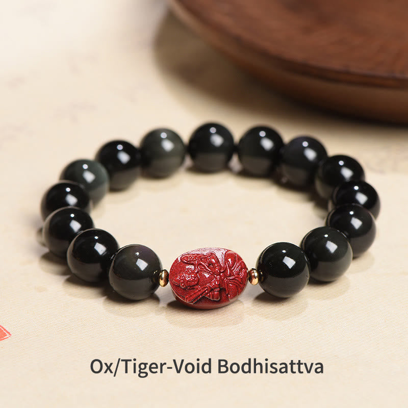 Nimara Ritual Chinese Zodiac Natal Buddha Natural Black Obsidian Cinnabar Purification Bracelet
