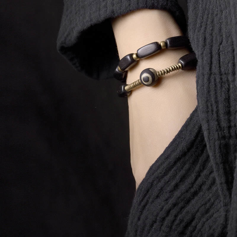 Nimara Ritual Tibet Ebony Wood Dzi Bead Copper Balance Double Wrap Bracelet