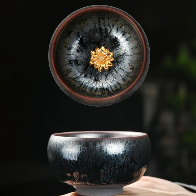 Nimara Ritual 24K Gold Inlaid Sunflower Chinese Jianzhan Glaze Kiln Change Ceramic Teacup Tenmoku Kung Fu Tea Cup