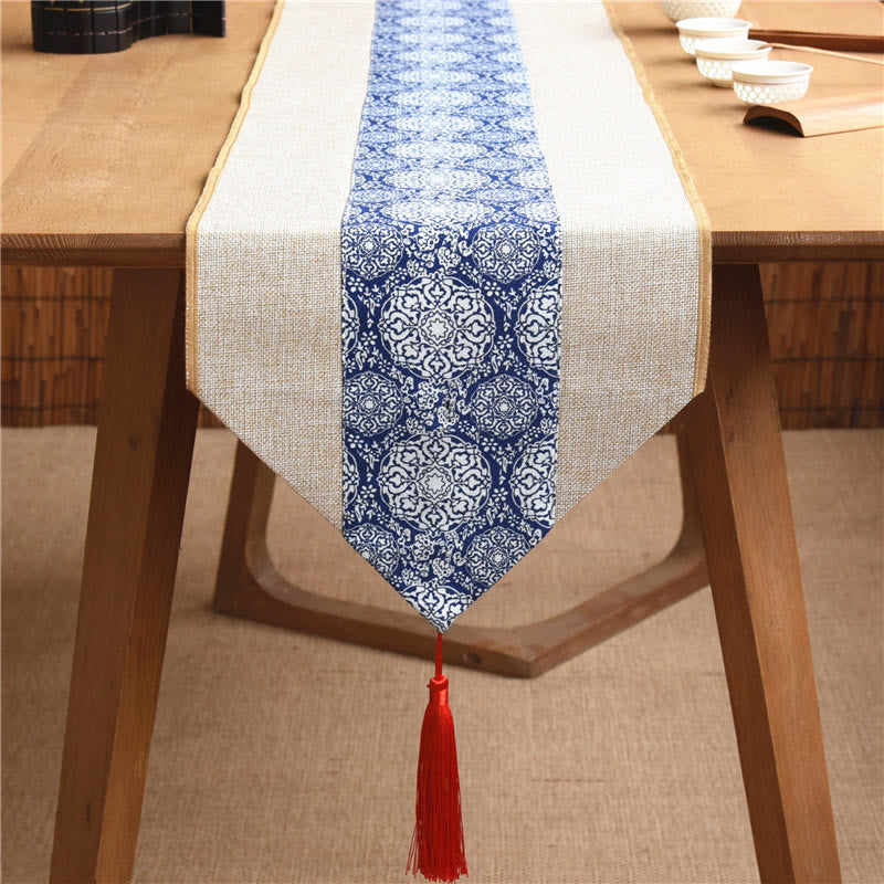 Nimara Ritual Classic Chinese Style Lotus Koi Fish Flower Crane Calligraphy Enlightenment Cotton Linen Tassels Table Runner