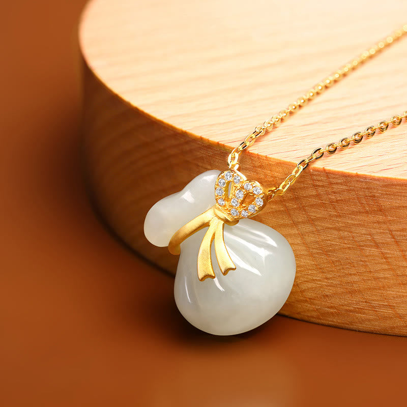 Nimara Ritual Natural Hetian White Jade Luck Money Bag Necklace Pendant