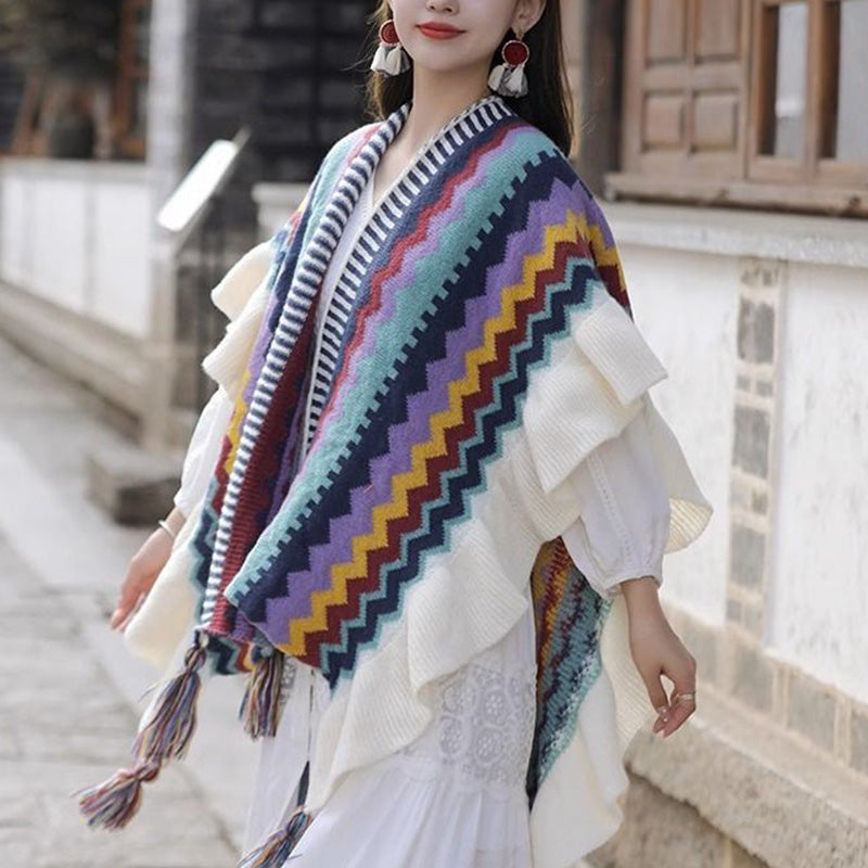 Nimara Ritual Tibetan Shawl Colorful Striped Wavy Line Tassels Winter Cozy Travel Scarf Wrap