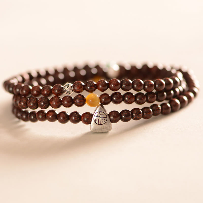 Nimara Ritual 925 Sterling Silver Indian Small Leaf Red Sandalwood Fu Character Protection Triple Wrap Bracelet