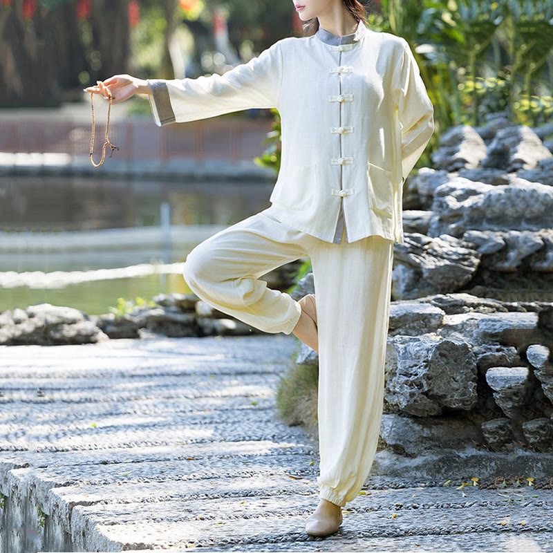 Nimara Ritual 2Pcs Frog-Button Long Sleeve Shirt Top Pants Meditation Zen Tai Chi Cotton Linen Clothing Women's Set