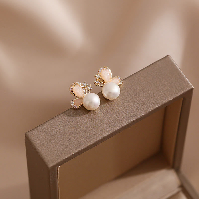 Nimara Ritual 18k Gold Plated Pearl Butterfly Love Freedom Stud Earrings