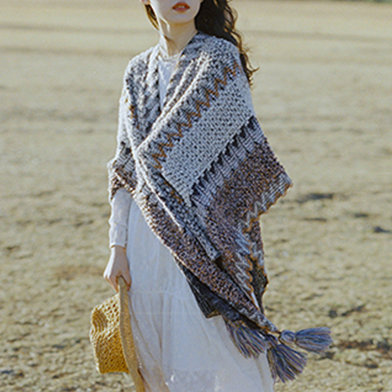 Nimara Ritual Tibetan Shawl Gray Brown Striped Knitted Tassels Winter Cozy Travel Scarf Wrap