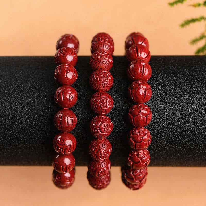 Nimara Ritual Natural Cinnabar Om Mani Padme Hum Fret Pattern Lotus Blessing Bracelet