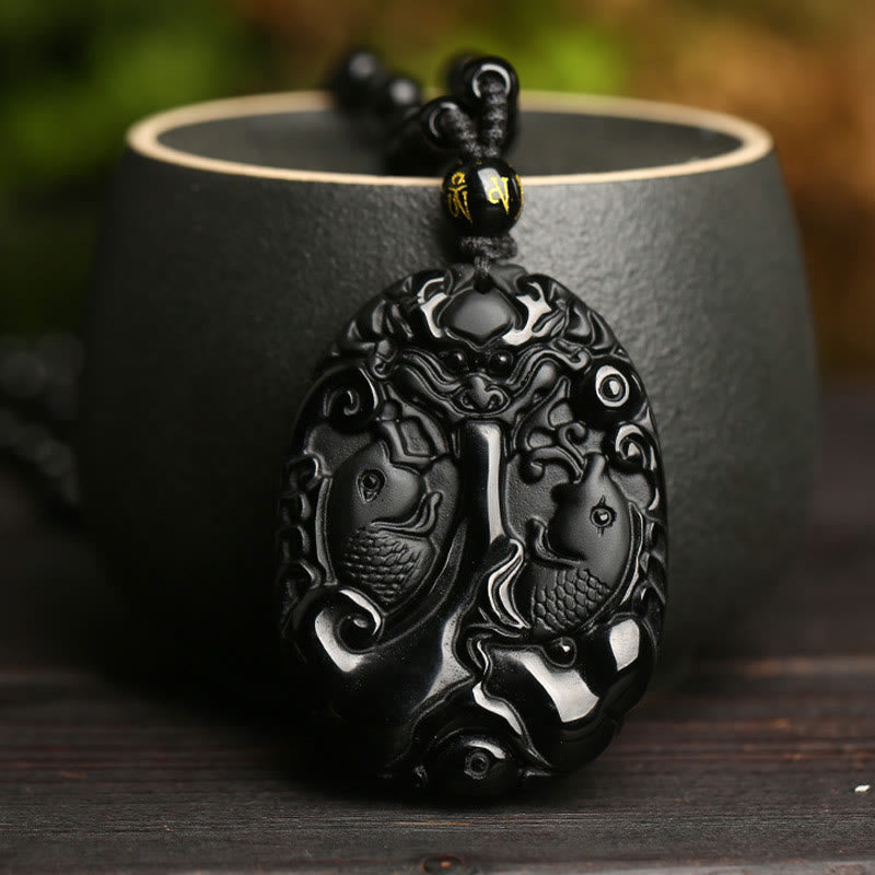Nimara Ritual Black Obsidian Koi Fish Bead Rope Fulfilment Strength Necklace Pendant