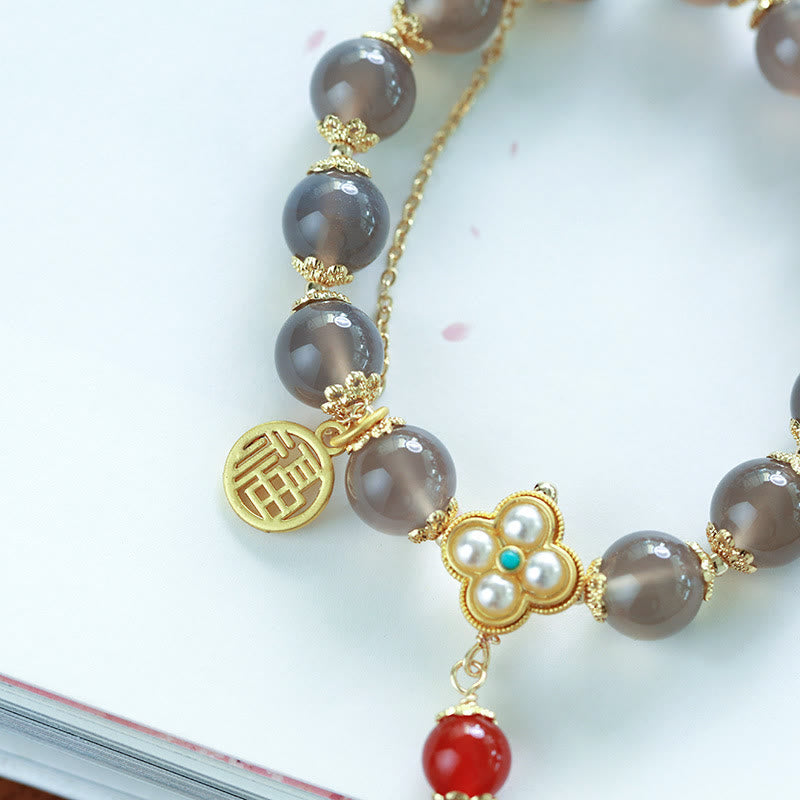Nimara Ritual Natural Gray Agate Fu Character Pearl Tassel Balance Bracelet