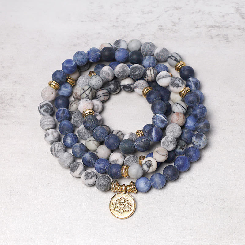 Nimara Ritual 108 Natural Stone Mala Bead Lotus Pendant Bracelet