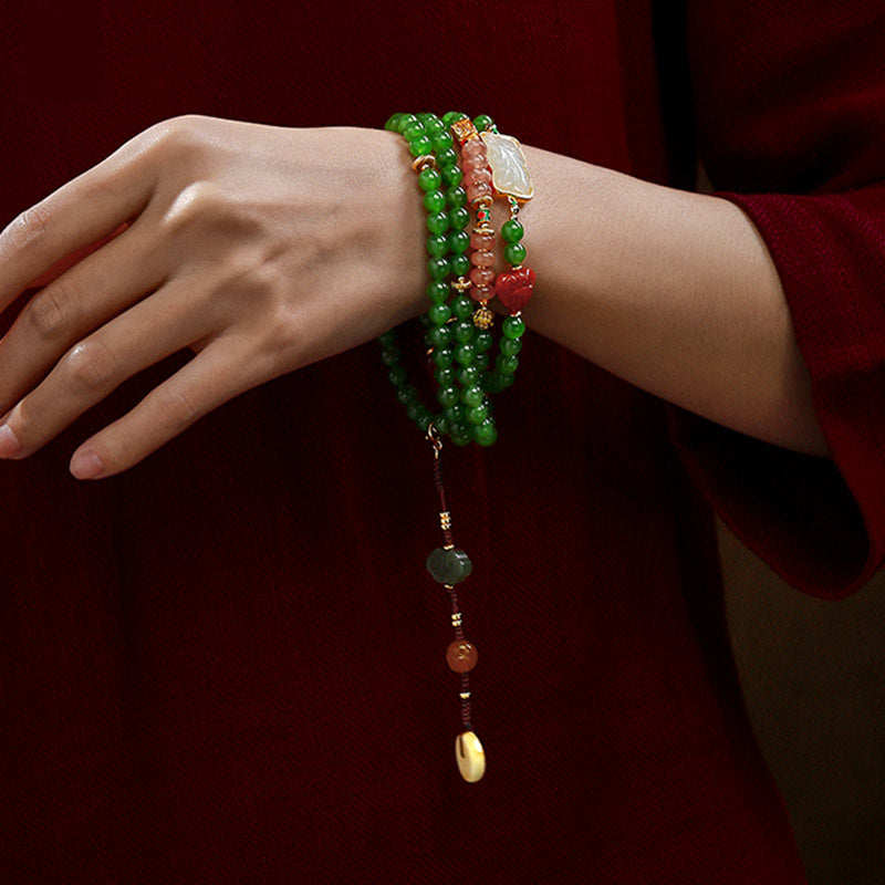 Nimara Ritual 108 Mala Beads Cyan Jade Red Agate Laughing Buddha Luck Bracelet