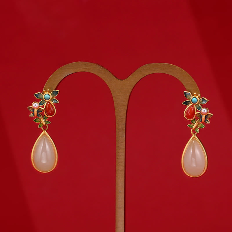 Nimara Ritual Water Drop White Jade Red Agate Butterfly Protection Drop Dangle Earrings