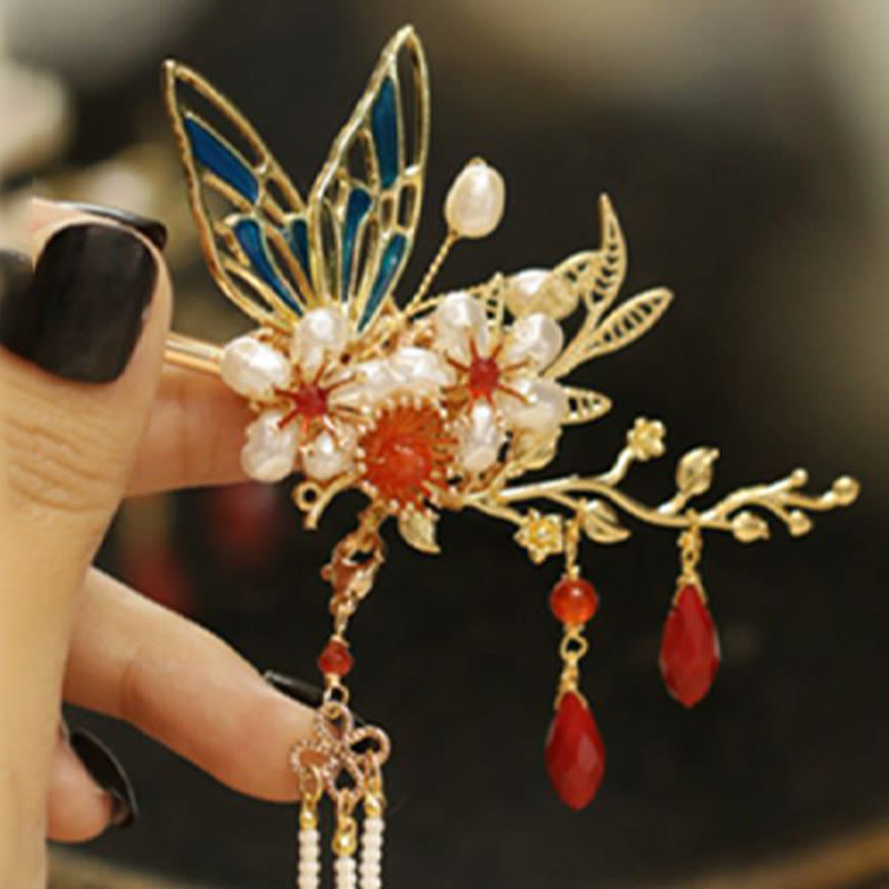 Nimara Ritual Classical Chinese Style Flower Branche Butterfly Pearl Tassel Hair Clip Hair Comb Hair Crown