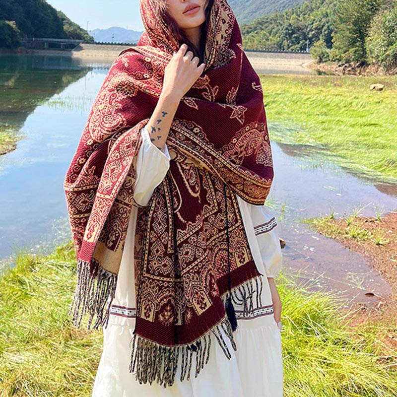 Nimara Ritual Vintage Tibetan Leaves Pattern Design Shawl Cozy Travel Scarf Wrap