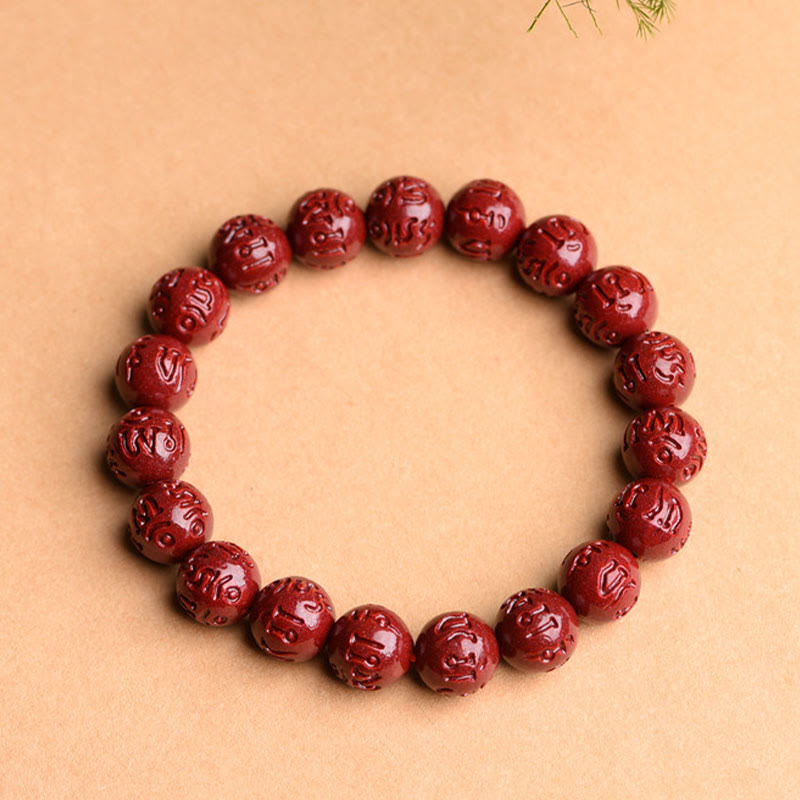 Nimara Ritual Natural Cinnabar Om Mani Padme Hum Fret Pattern Lotus Blessing Bracelet