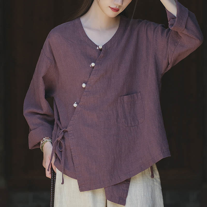 Nimara Ritual Solid Color Ramie Linen Loose Blouse Long Sleeve Shirt Chinese Hanfu Top