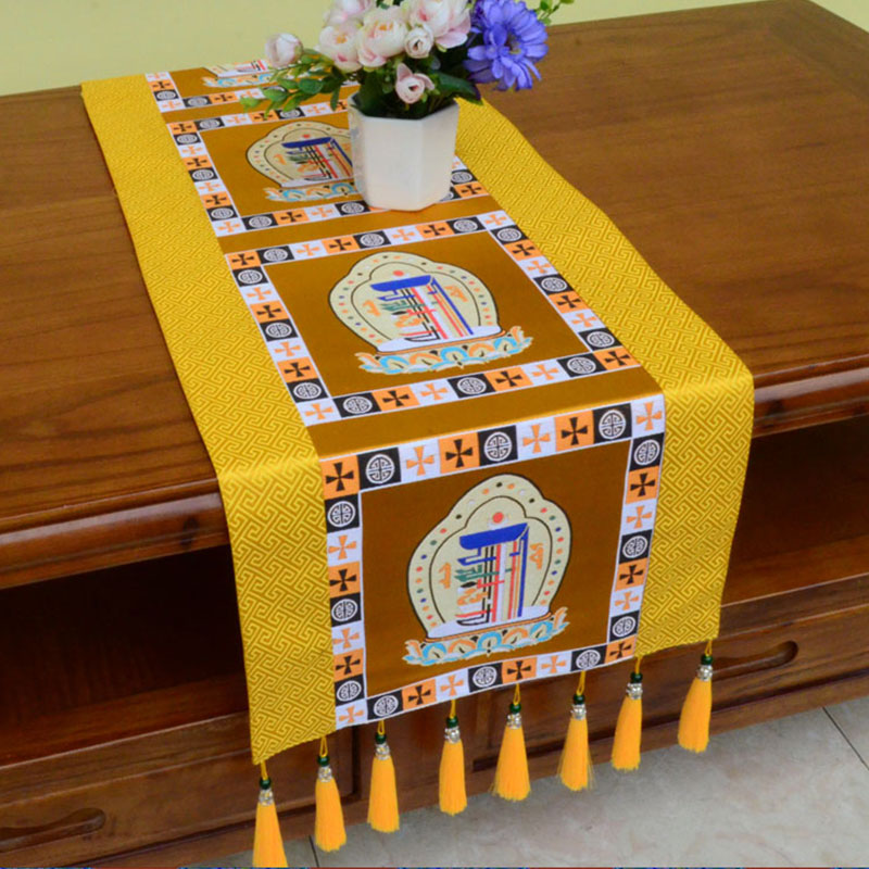 Nimara Ritual Prayer Altar Mat Man-Bcu Kalachakra Endless Knot Vajra Tibetan Auspicious Symbols Tassels Table Runner
