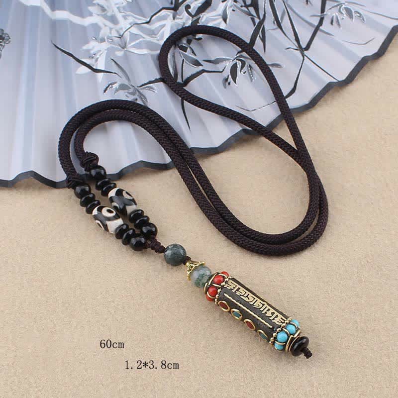 Nimara Ritual Tibetan Om Mani Padme Hum Dzi Bead Wenge Wood Necklace Pendant