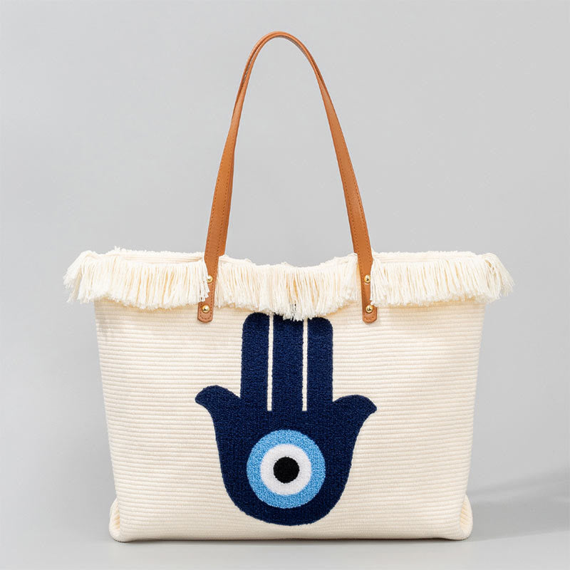 Nimara Ritual Large Capacity Evil Eye Leaf Hamsa Tassel Canvas Tote Shoulder Bag