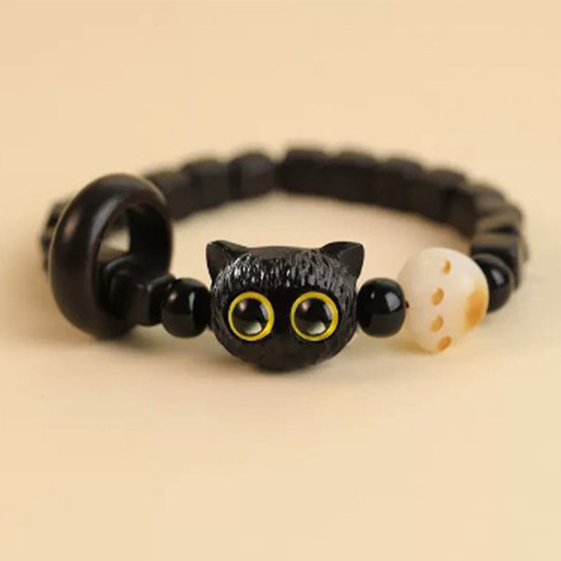 Nimara Ritual Cute Ebony Wood Cat Head Pattern Peace Bracelet