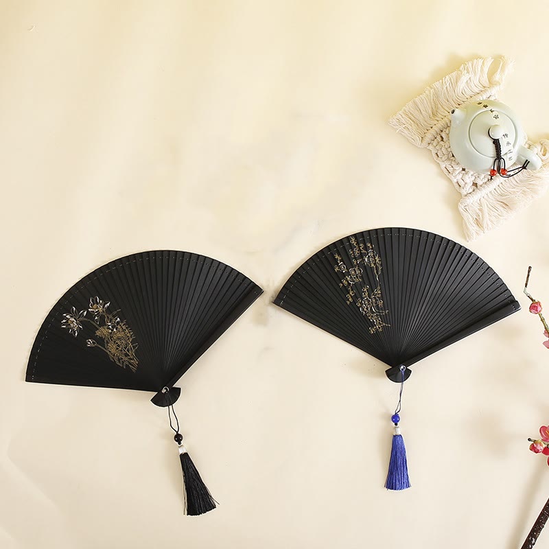 Nimara Ritual Hibiscus Flower Plum Blossom Handheld Bamboo Folding Fan