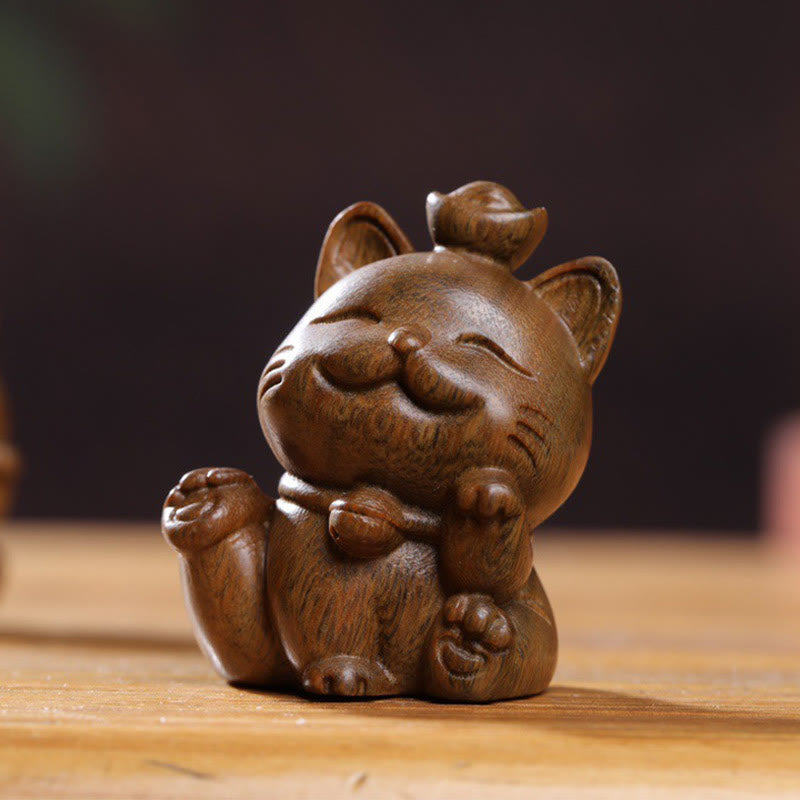 Nimara Ritual Mini Green Sandalwood Ingot Lucky Cat Carved Peace Desk Decorations