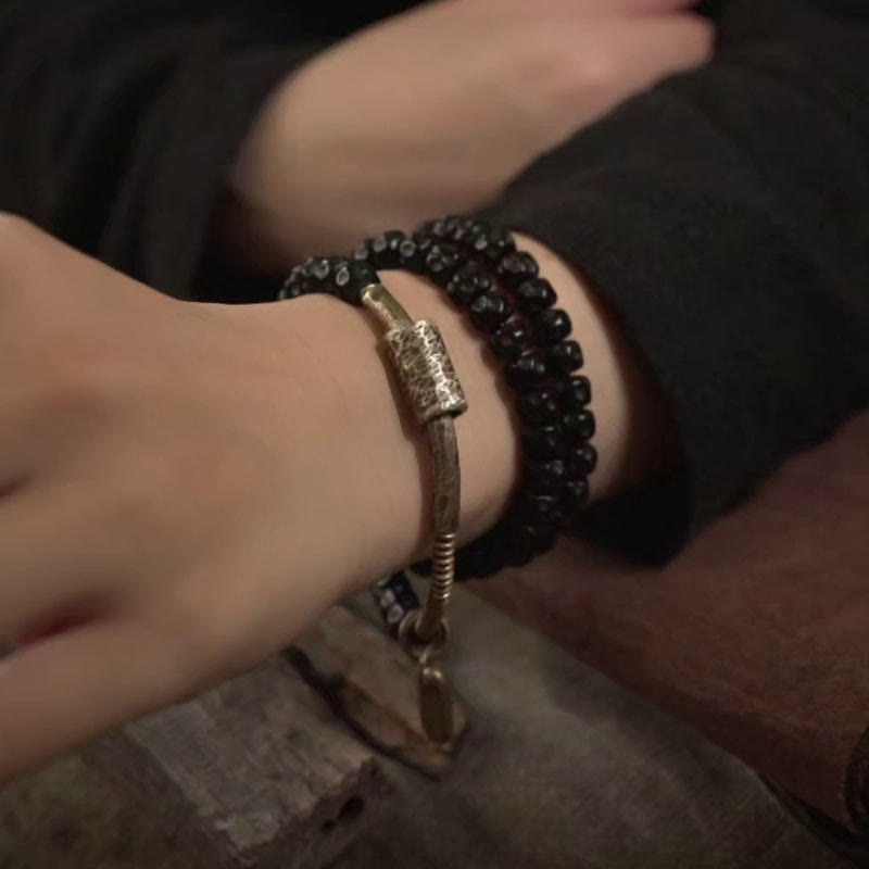 Nimara Ritual Retro Coconut Shell Brass Copper Happiness Triple Wrap Bracelet