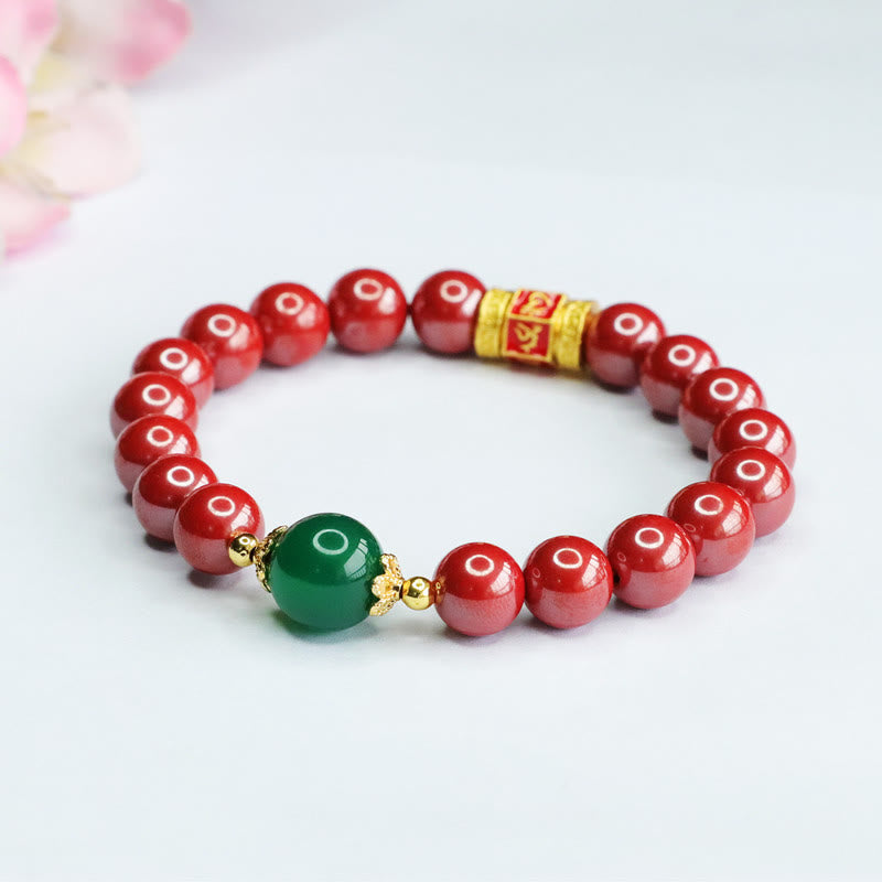 Nimara Ritual Natural Cinnabar Green Agate Om Mani Padme Hum Pattern Blessing Bracelet