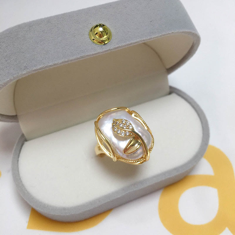Nimara Ritual Pearl Copper Plated Gold Flower Happiness Wealth Ring