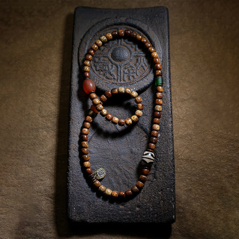 Nimara Ritual Tibetan Bodhi Seed Amber Dzi Bead Agate Zakiram Goddess of Wealth Beads Triple Wrap Bracelet