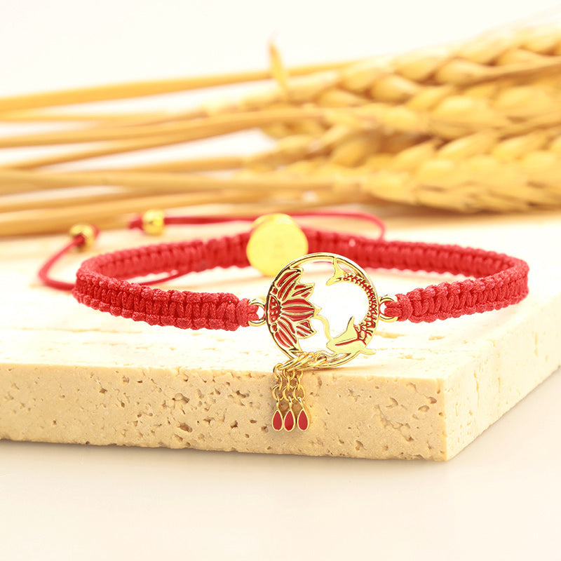 Nimara Ritual Tibetan Handmade Lotus Koi Fish Lucky Red String Bracelet
