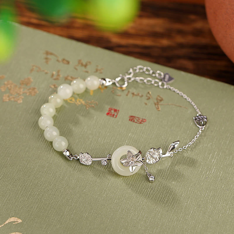 Nimara Ritual 925 Sterling Silver Hetian Jade Peace Buckle Lotus Luck Chain Bracelet