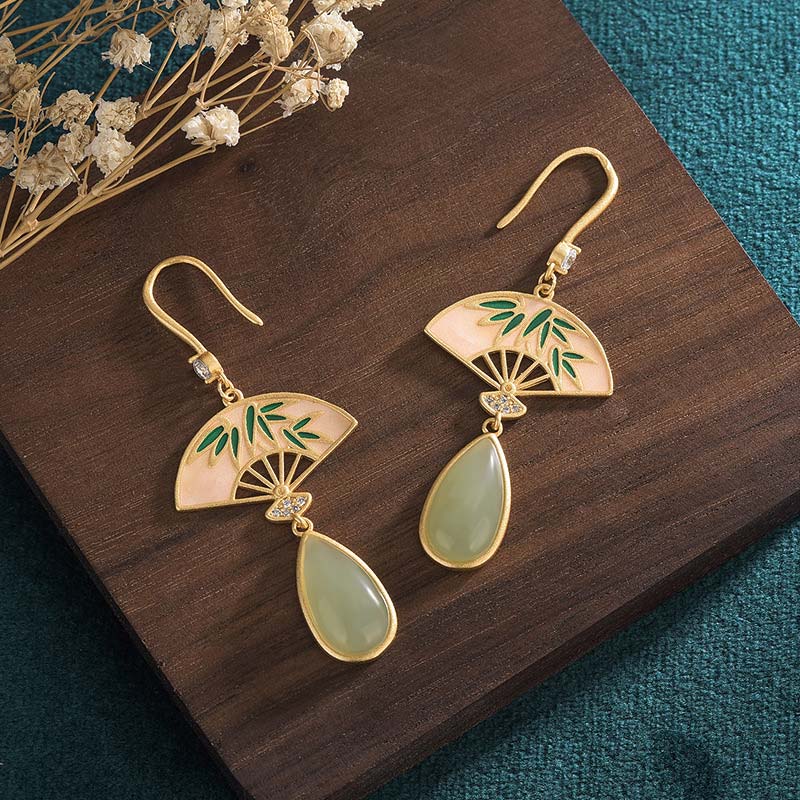 Nimara Ritual Natural Green Aventurine Fan Pattern Luck Drop Earrings