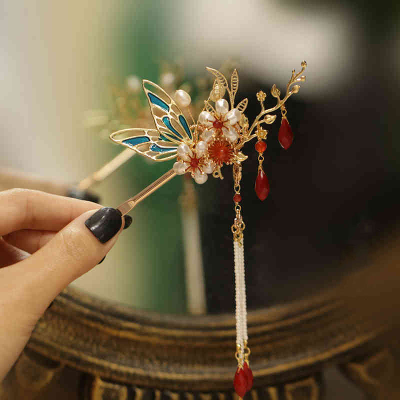 Nimara Ritual Classical Chinese Style Flower Branche Butterfly Pearl Tassel Hair Clip Hair Comb Hair Crown