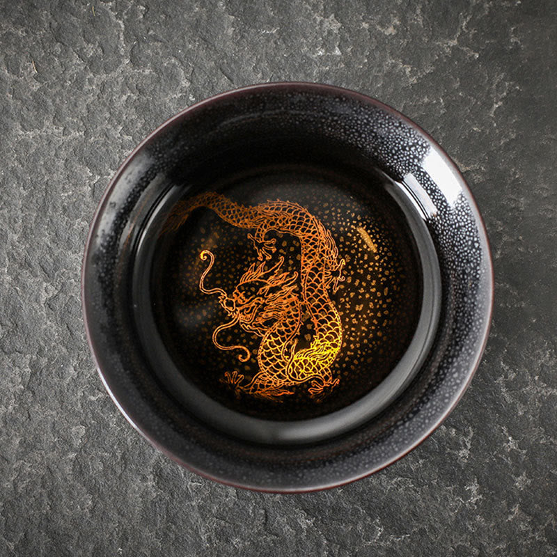 Nimara Ritual Gold Leaf Chinese Jianzhan Dragon Phoenix Lotus Avalokitesvara Koi Fish Ceramic Teacup Tenmoku Kung Fu Tea Cup Bowl