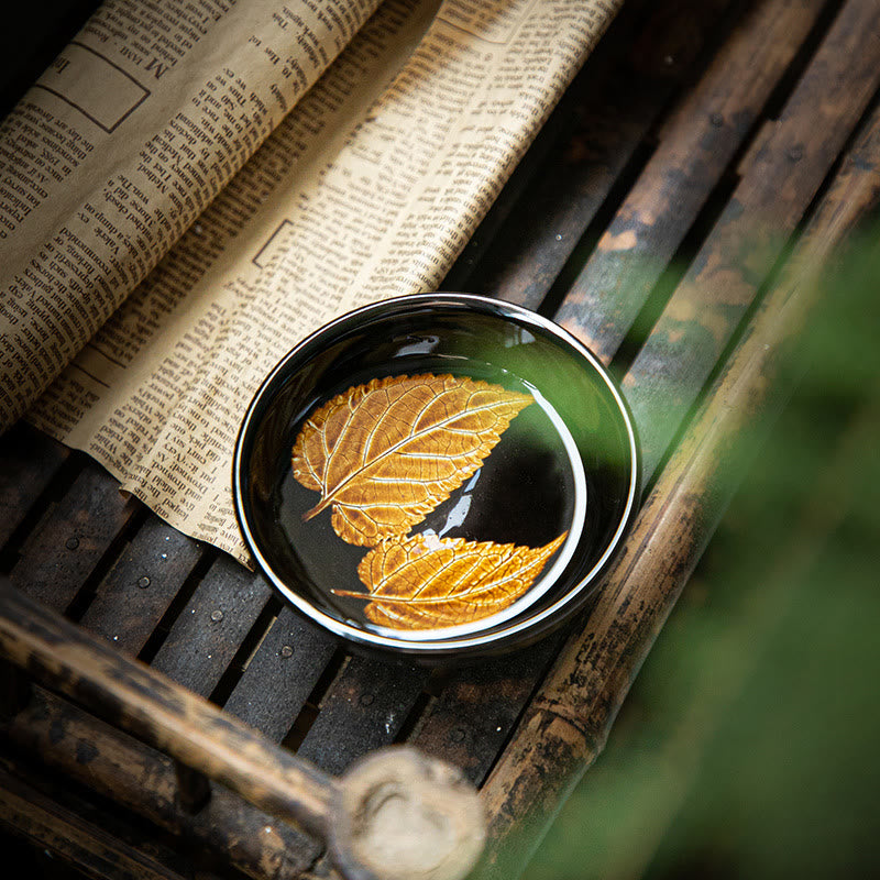 Nimara Ritual Gold Maple Leaf Chinese Jianzhan Ceramic Teacup Tenmoku Kung Fu Tea Cup Bowl