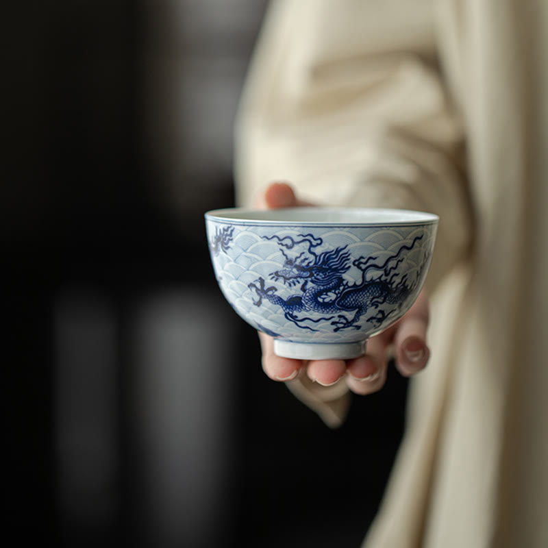 Nimara Ritual Blue Dragon Design Ceramic Teacup Kung Fu Tea Cups