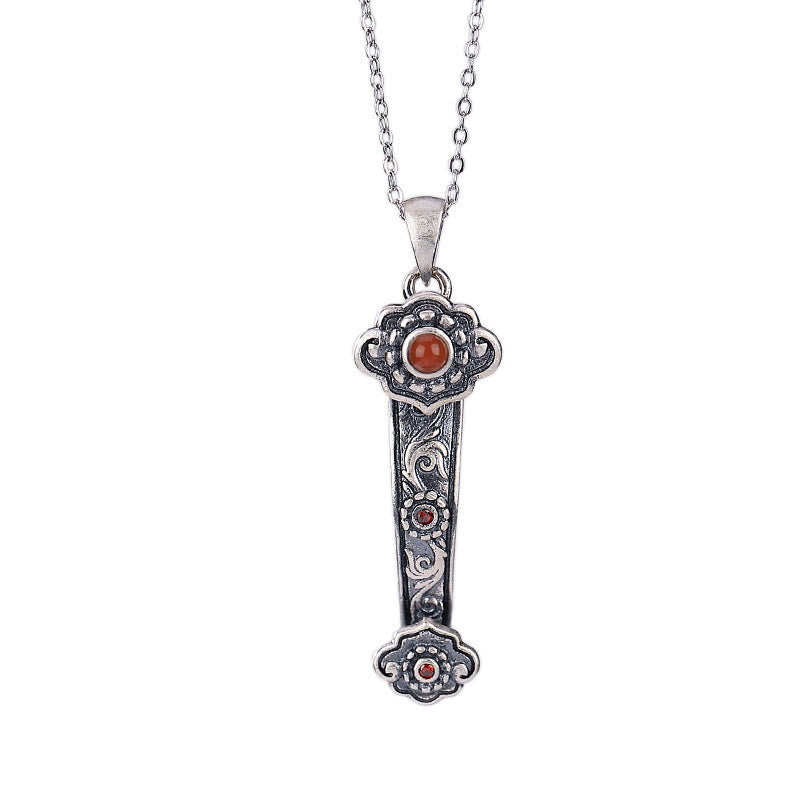 Nimara Ritual 925 Sterling Silver Red Agate Cyan Jade Auspicious Clouds Ruyi Handle Blessing Necklace Pendant