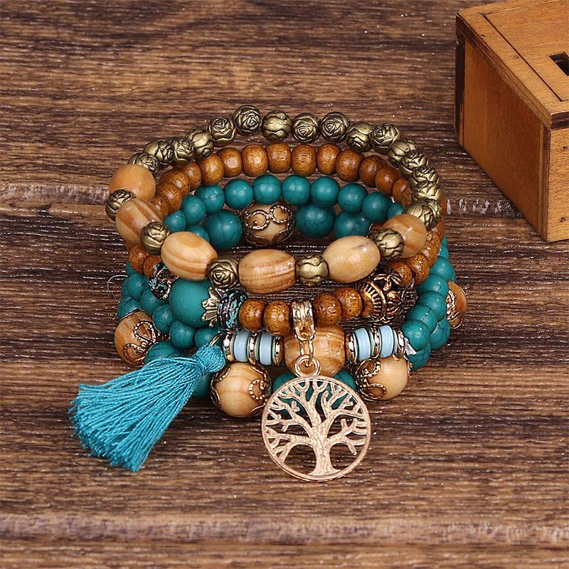 Nimara Ritual Wenge Wood Layered Tree Tassel Healing Bracelet