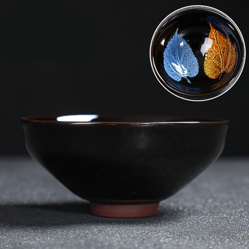 Nimara Ritual Gold Maple Leaf Chinese Jianzhan Ceramic Teacup Tenmoku Kung Fu Tea Cup Bowl