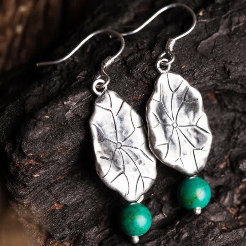 Nimara Ritual 925 Sterling Silver Turquoise Lotus Leaf Protection Drop Dangle Earrings