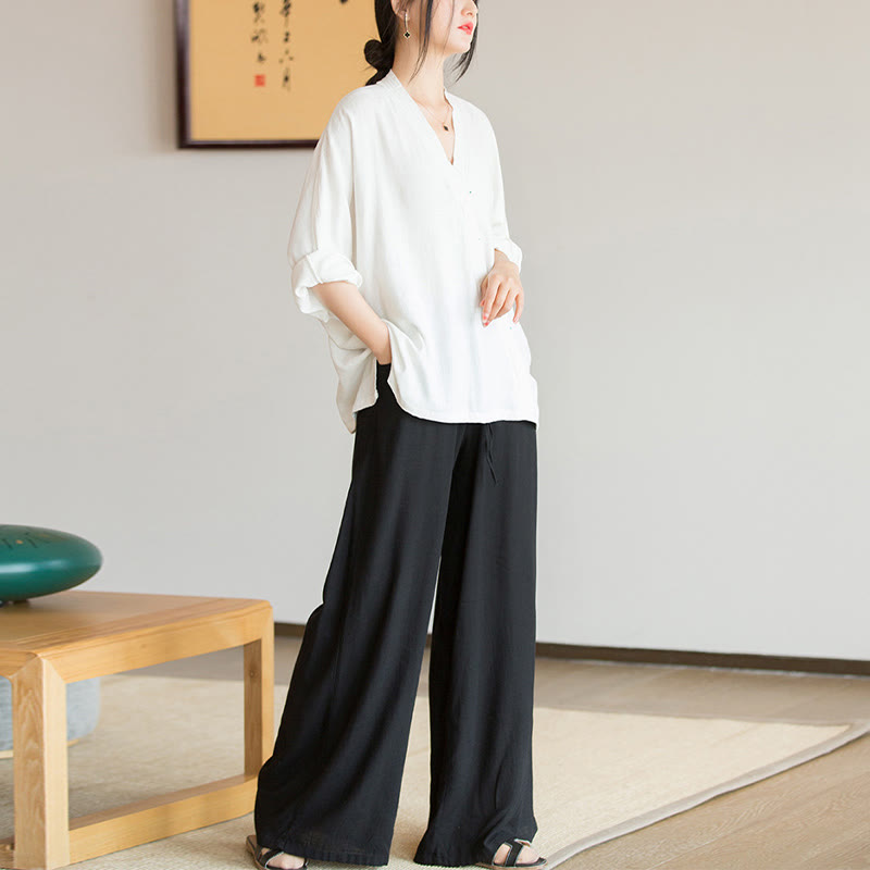 Nimara Ritual V-Neck Blouse Women Shirt Long Sleeve Top Chinese Hanfu Style Clothing