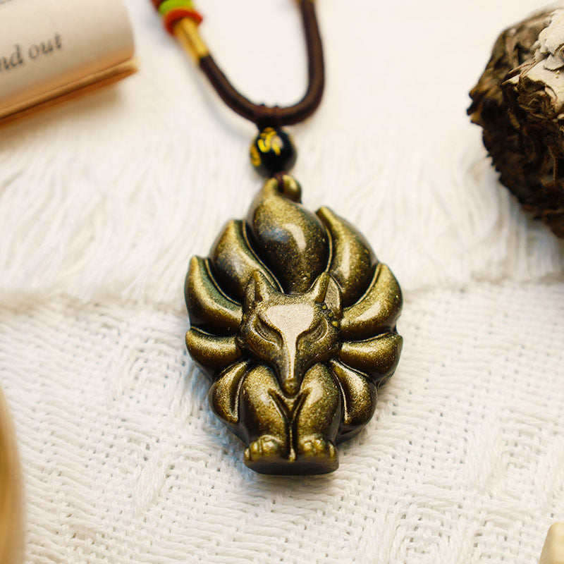 Nimara Ritual Natural Rainbow Obsidian Gold Sheen Obsidian Nine Tailed Fox Positive Necklace Pendant