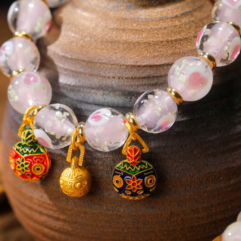 Nimara Ritual Gold Swallowing Beast Family Charm Luminous Pink Love Heart Fluorescent Liuli Glass Bead Blessings Bracelet