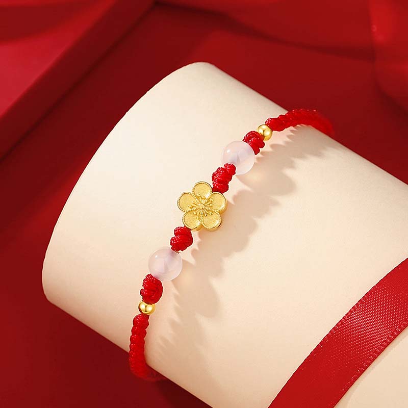 Nimara Ritual Handmade 925 Sterling Silver Peach Blossom Cherry Sakura Chalcedony Bead Luck Red Rope Bracelet