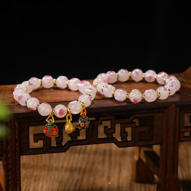 Nimara Ritual Gold Swallowing Beast Family Charm Luminous Pink Love Heart Fluorescent Liuli Glass Bead Blessings Bracelet
