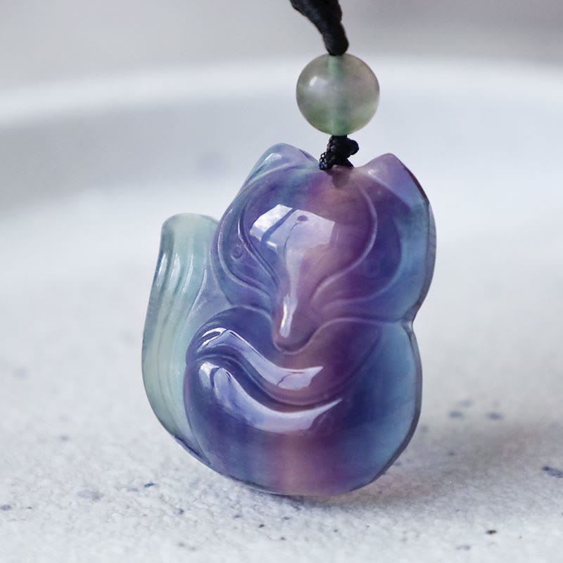 Nimara Ritual Natural Fluorite Gold Sheen Obsidian Fox Pendant Protection Necklace